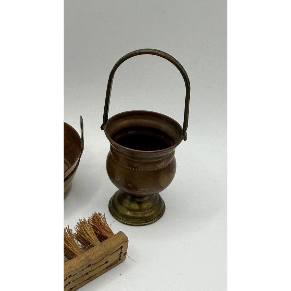 Miniature Doll Copper Basket & Wash Bucket w/ Brush‎ Vintage Victorian 2